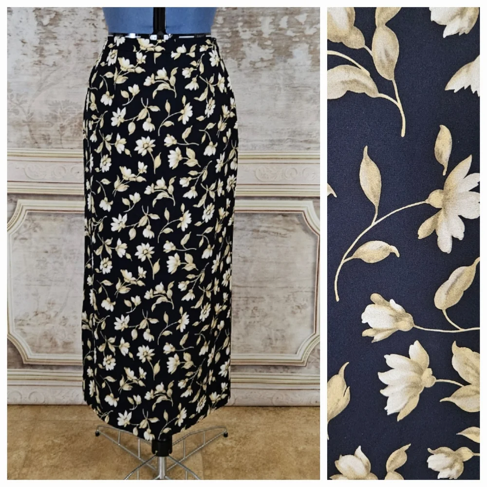Vintage 1990s Silk Black Floral Maxi Skirt M Column 90s Jones New York Grunge